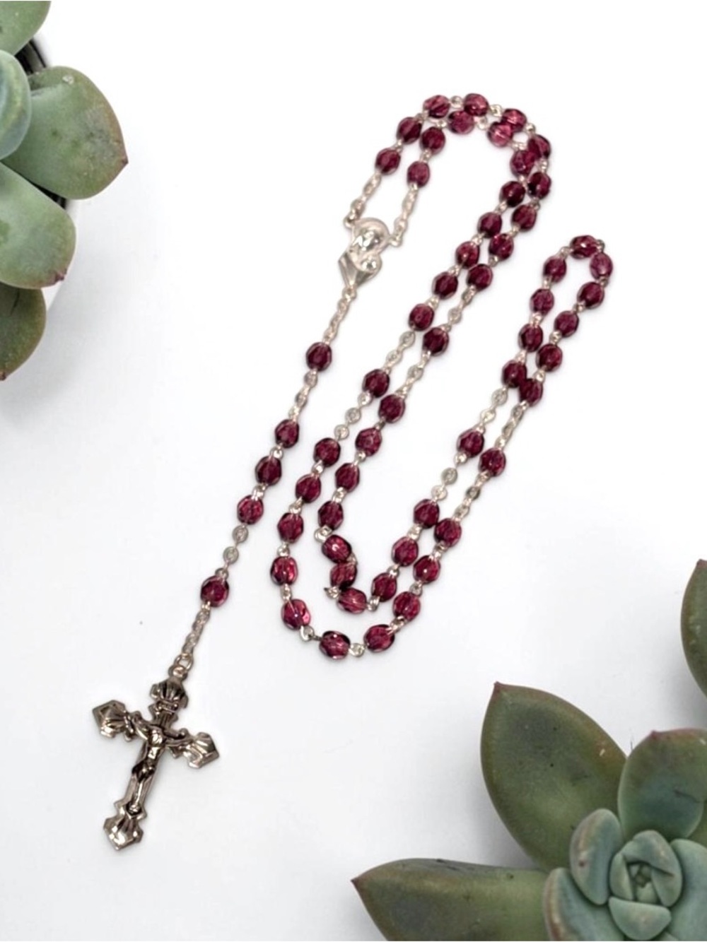 Purple Amethyst Faceted Glass Bead Rosary Silver Tone Crucifix Virgin Mary 18.5"